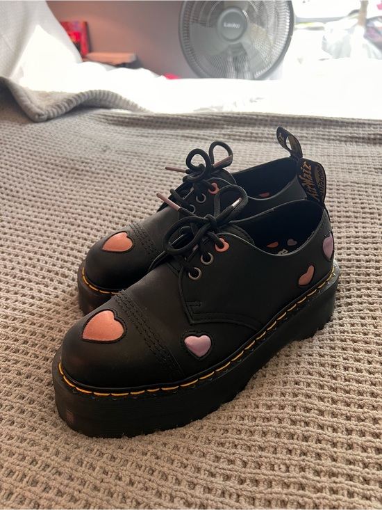 Dr. Martens Shoes - Dr. Martens Black Leather Platform Oxfords with Pink and Orange Hearts